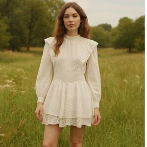 ALL SAINTS AISLYN EYELET WHITE LONG SLEEVE RUFFLE MINI DRESS ✨